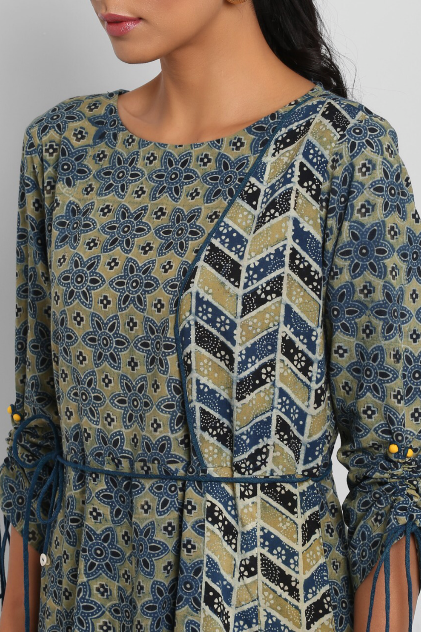 leher anarkali - indigo yellow & phool buttis