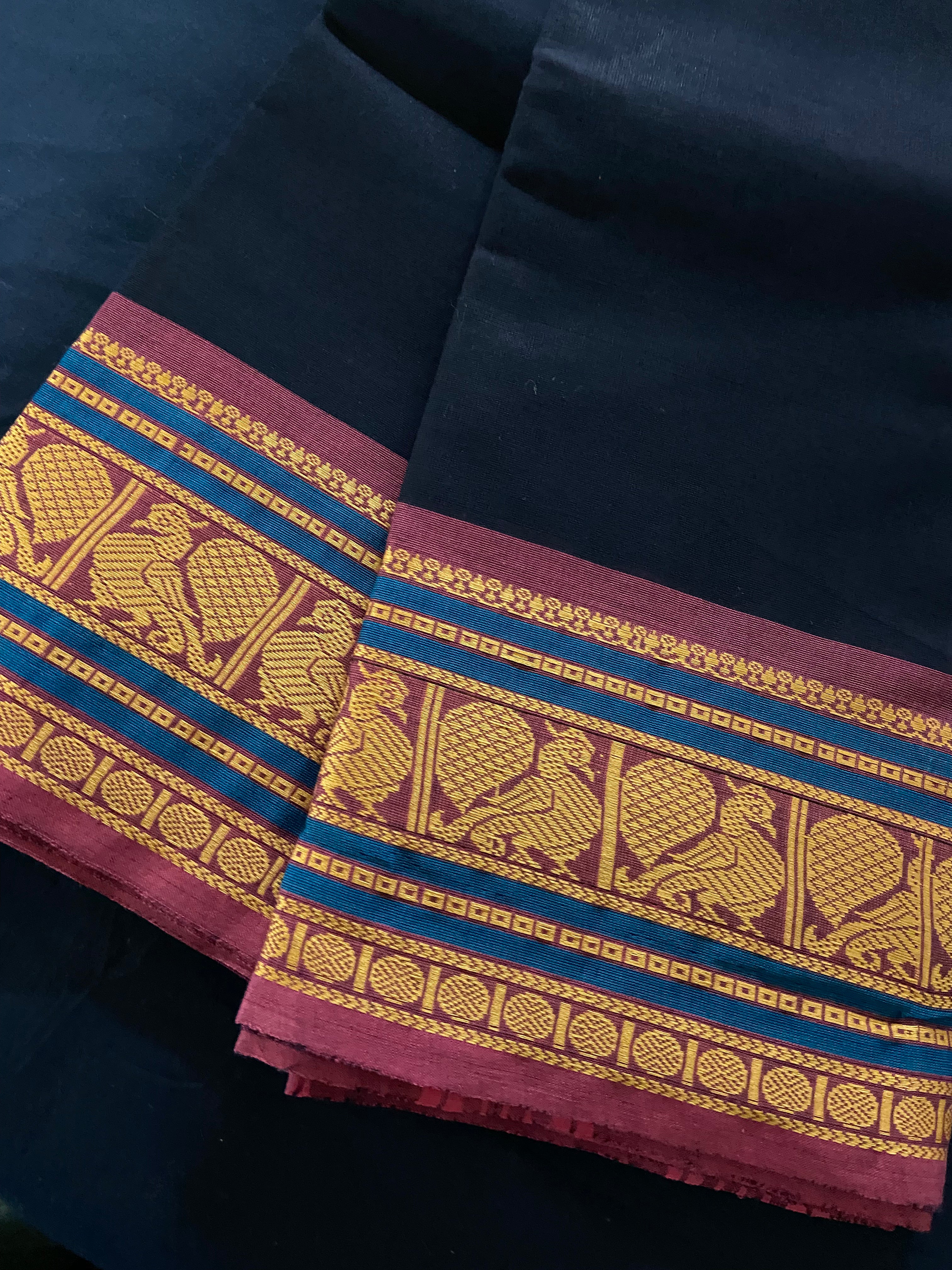 chettinad cotton saree - navy blue & golden border