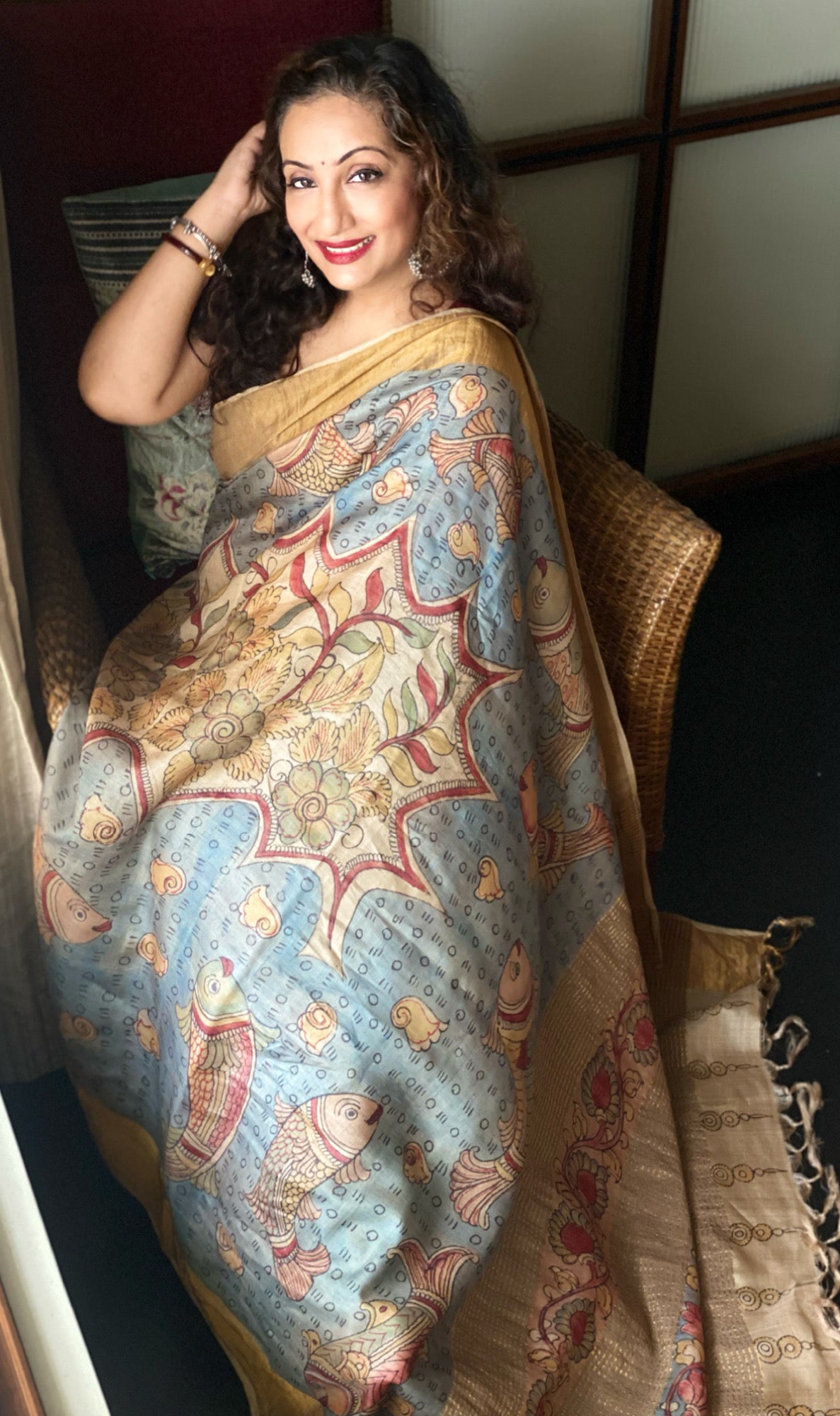 hand painted kalamkari tasar saree - infinite ocean & fish dance