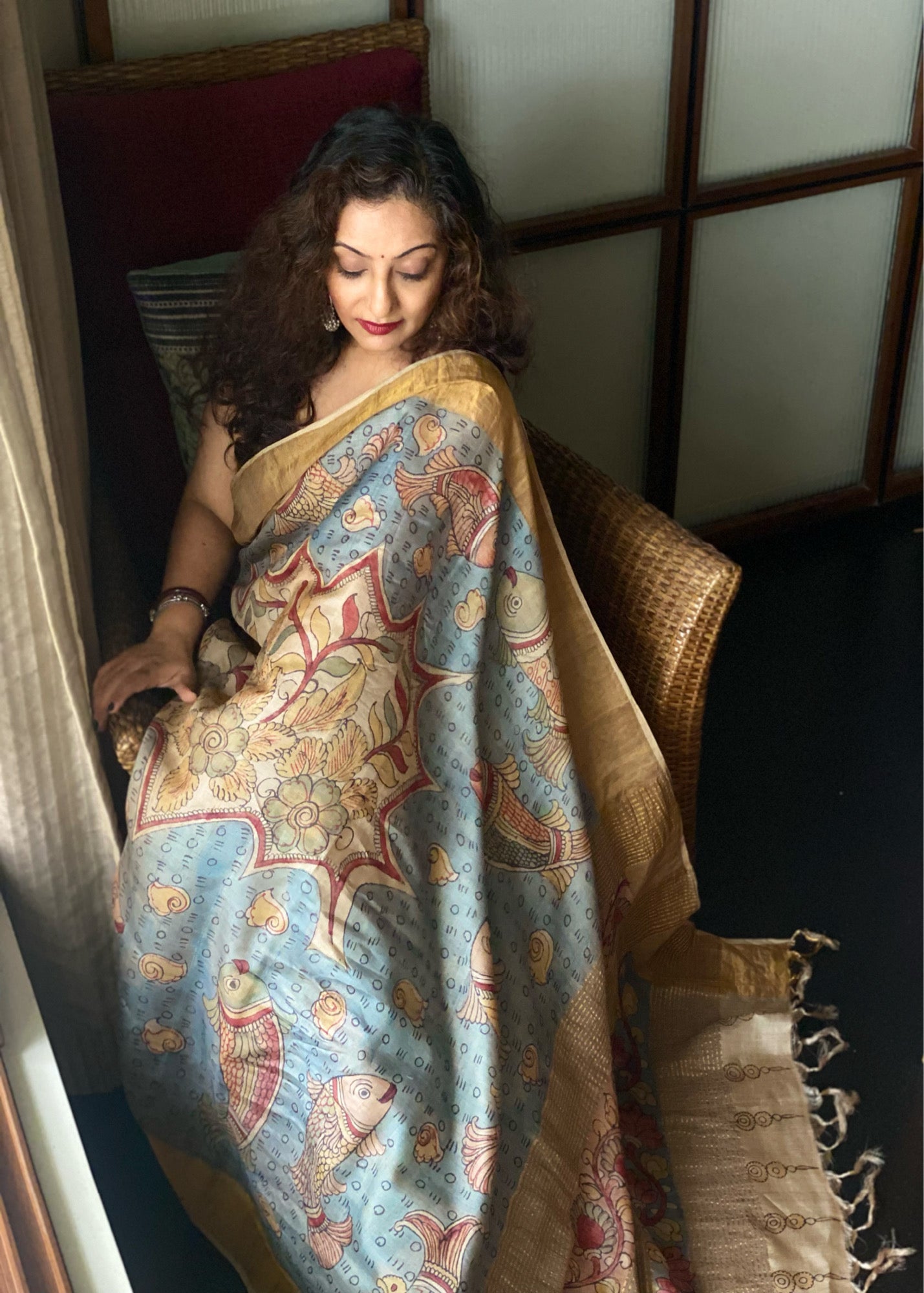 hand painted kalamkari tasar saree - infinite ocean & fish dance