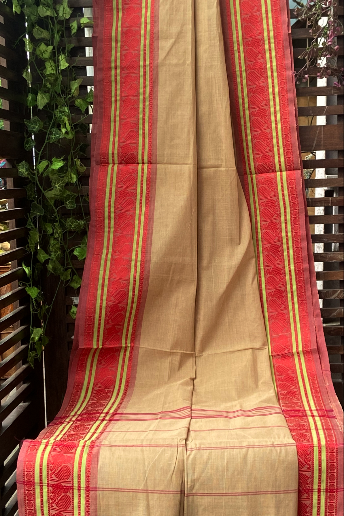 chettinad cotton saree - beige dust & madder gold