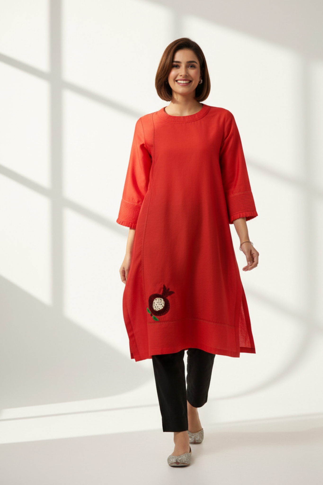 chanderi silk pleated low slit kurta with pockets & sleeve details - ruby red & pomegranate poetry