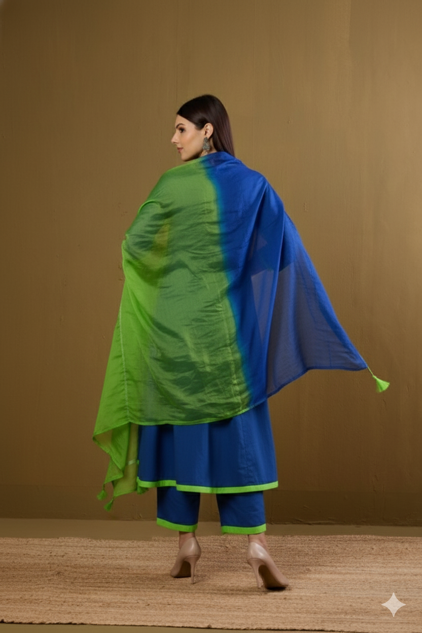 handwoven maheshwari dupatta - pop green blue twin shaded