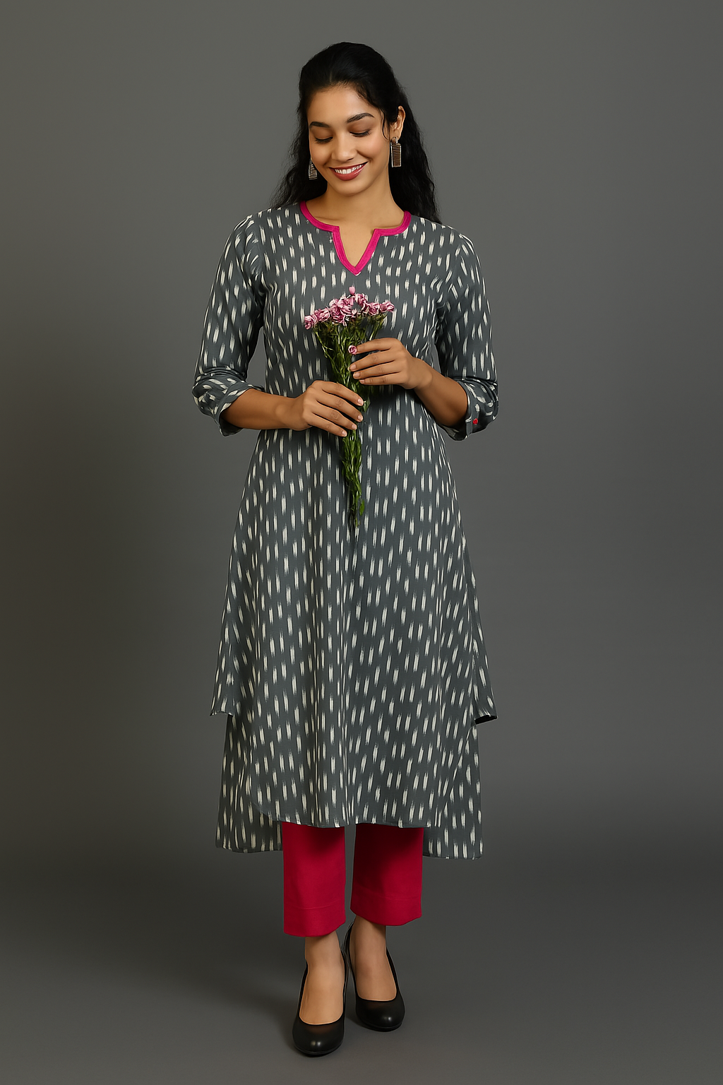 Ash Rose Sprinkle Ikat Long Kurta with Side Twist