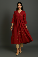 Gilded Crimson Polka V-neck Infinity Pintuck Dress