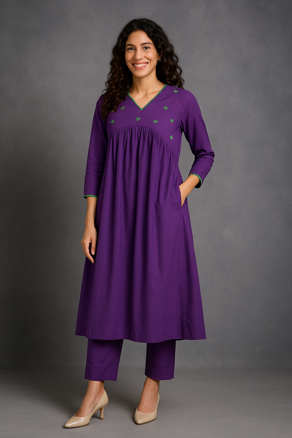 Co-ord Set Vivid Violet & Lime V-Neck Gather Anarkali (Set of 2)